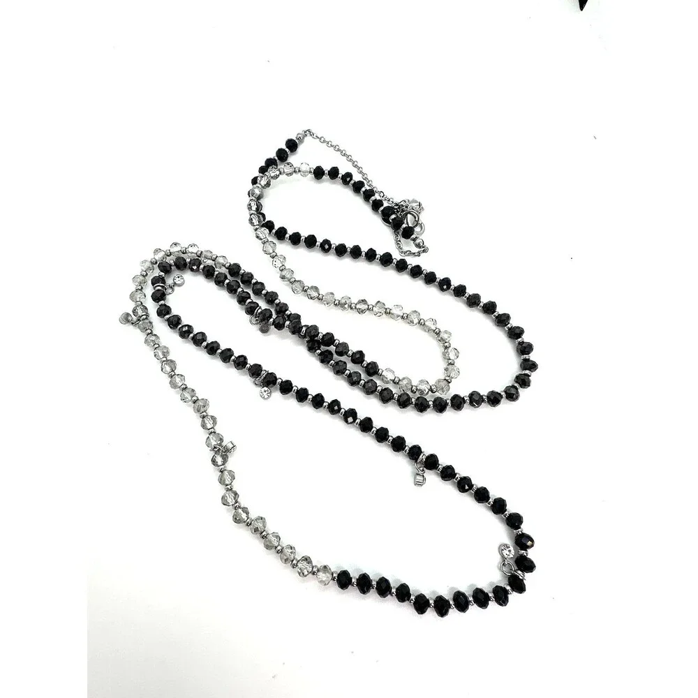 Vera Wang Necklace Black Grey Beaded Silver Tone Rhinestone Long Opera Length